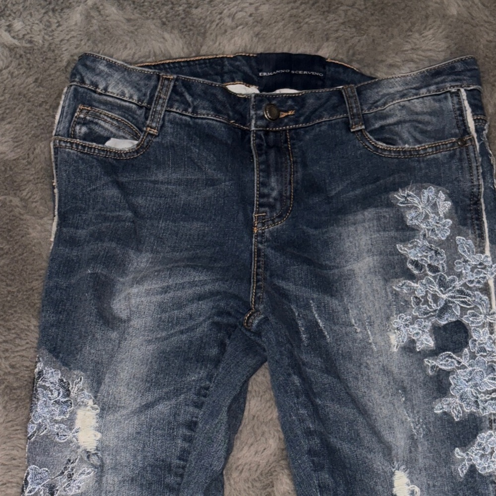 Ermanno Scervino Denim Skinny Jeans with White Embroidery